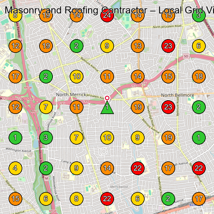 Masonry and Roofing Contractor Stucco Contractor GeoGrid ranking map for Merrick NY